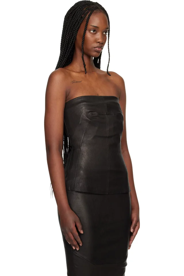Rick Owens Black Temple Bustier Leather Top, photo 2 of 4 from SSENSE