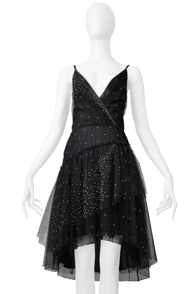 Valentino Garavani 2016 Black Tulle "Constellation" Slip Dress With Beading in Black Silk from Resurrection Vintage