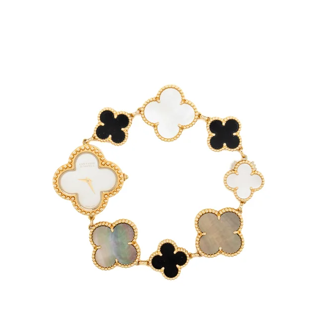 Van Cleef & Arpels Alhambra Watch, 26mm, Yellow Gold, White Mother-of-Pearl, Gold Mother-of-Pearl, Onyx in White from EMIER