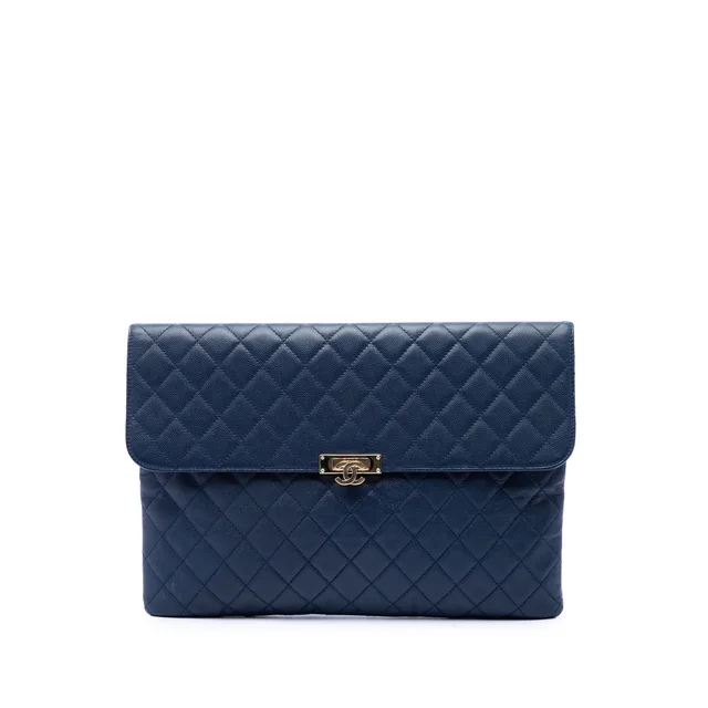 Blue Chanel Large Quilted Caviar Golden Class O Case Clutch in Blue Caviar leather from Designer Revival