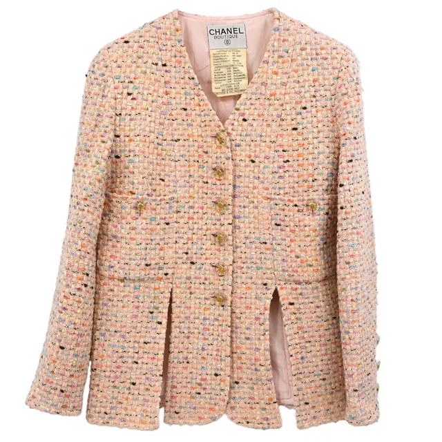 Chanel 1994 Collarless Tweed Jacket Pink #40 in Pink Tweed from AMORE Vintage Tokyo