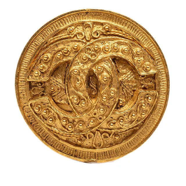 Gold Chanel CC Gold Plated Round Brooch in Gold from Designer Revival