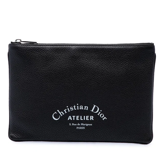 Black Dior Grained Calfskin Atelier Clutch in Black Caviar leather from Designer Revival