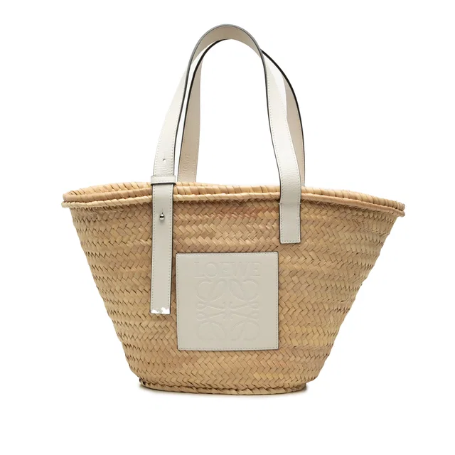 White LOEWE Medium Raffia Anagram Basket Tote in White Raffia from Designer Revival