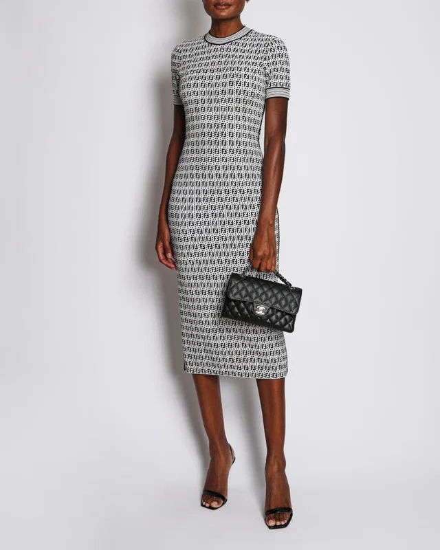 Fendi Black and White Knit Embroidered FF Monogram Bodycon Short-Sleeved Midi Dress Size IT 44 (UK 12) in Black from Sellier