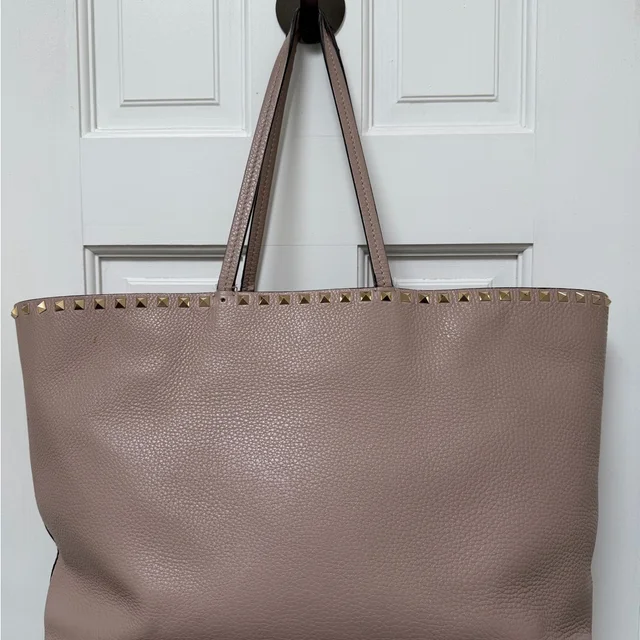 Valentino Garavani Studded Taupe Leather Tote Bag - Women. Needs Tlc. in brown|red Leather from Poshmark