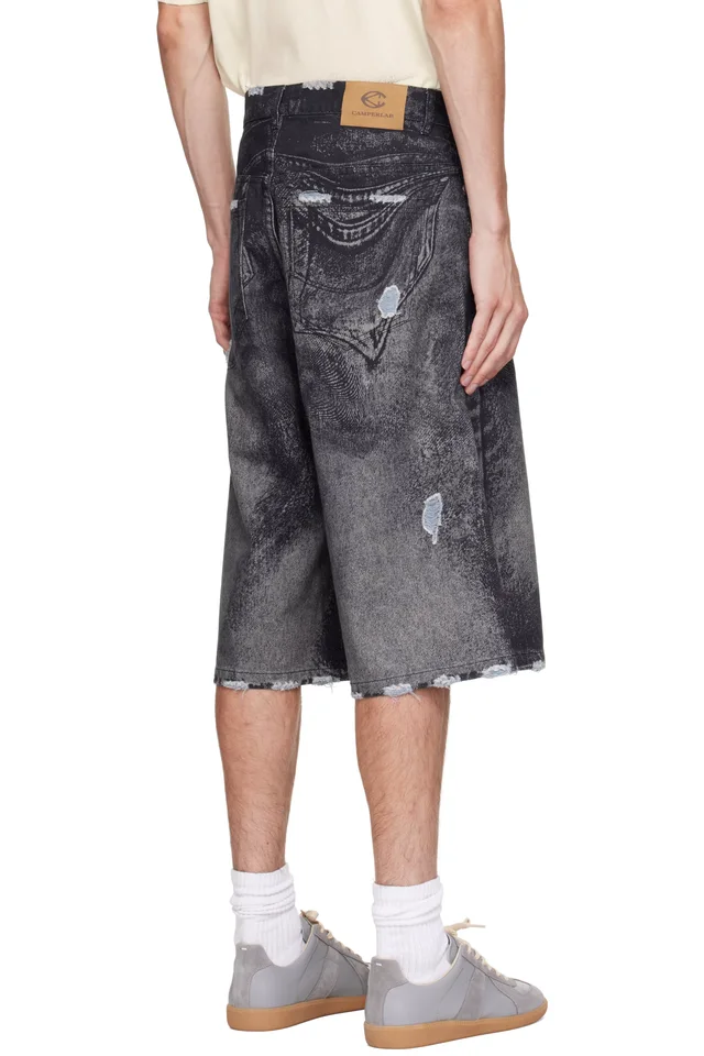 CAMPERLAB Black Distorted Print Distressed Denim Shorts, photo 3 of 4 from SSENSE