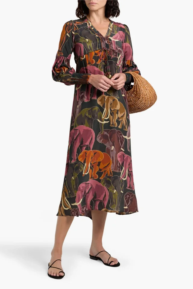 Farm Rio Gathered Crepe de Chine Midi Dress in Green, photo 2 of 4 from THE OUTNET