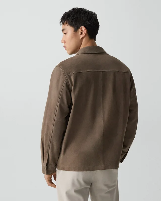 Theory Snap Overshirt in Suede in MOREL, photo 10 of 12 from Theory