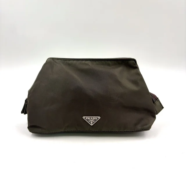 Prada Tessuto Nylon Khaki Green Pouch Silver in Green Nylon from The Reluxe