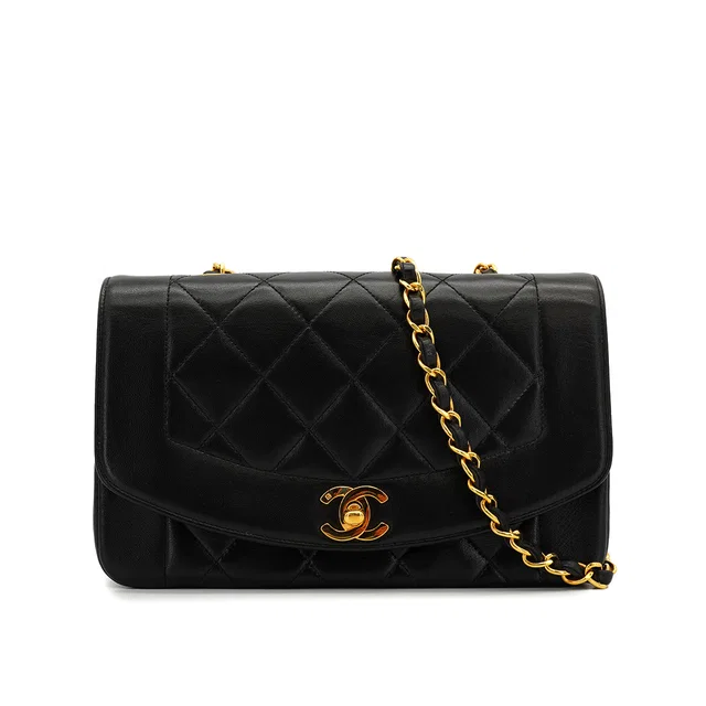 Chanel Vintage Diana Small Chain Shoulder Bag Black Lamb Skin Gold Hardware in Black from Luxury Promise
