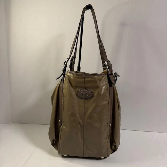 Tod's Shoulder Bag Medium Bronze Coated Canvas Leather Trim Tote + Luxury Hobo in red|silver|gray|brown Coated canvas from Poshmark