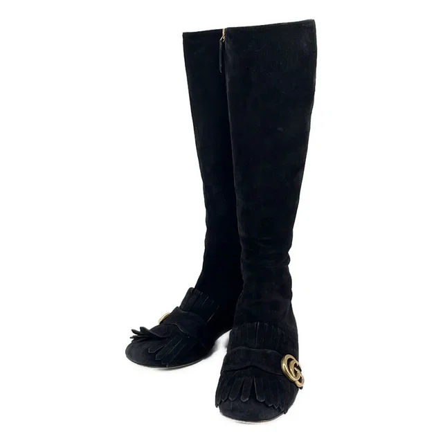 Gucci GG Marmont Suede Long Boots Black 35 in Black Suede from The Reluxe