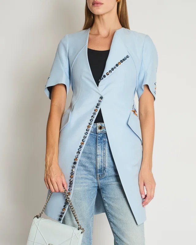 Dior Sky Blue Asymmetrical Long Jacket with Multicolour Buttons and Flower Embroidery Details Size… in Blue Silk from Sellier