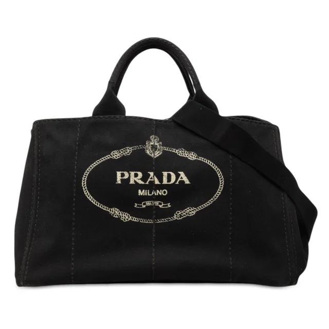 Black Prada Large Canvas Canapa Logo Tote Satchel in Black Canvas from Designer Revival
