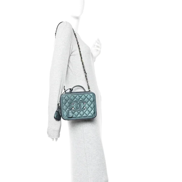 Chanel Iridescent Caviar Quilted Medium CC Filigree Vanity Case Dark Turquoise in Blue Caviar leather from FASHIONPHILE, photo 2 of 11