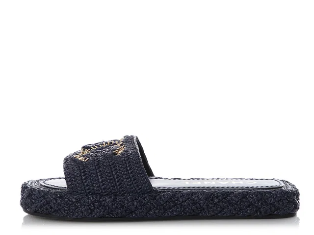 Chanel Navy Crochet Leather Slide Sandals in Navy Leather from Ann's Fabulous Finds