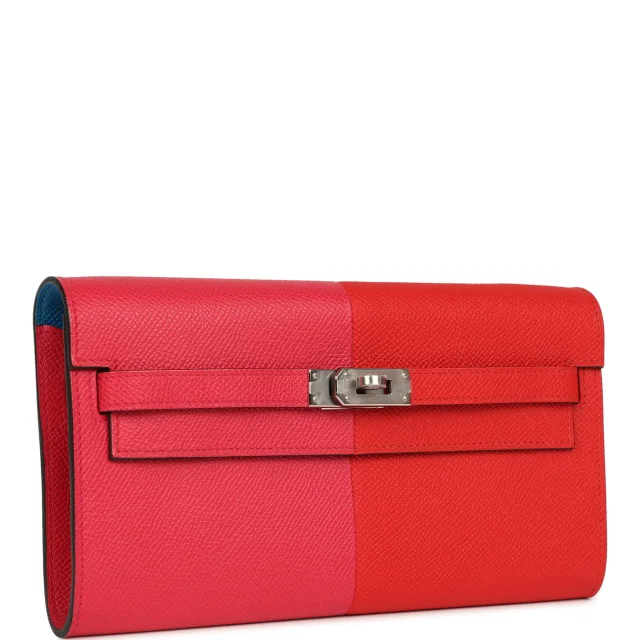 Hermès Kelly Wallet To Go Casaque Rouge De Coeur, Rose Extreme, Bleu Zanzibar Epsom Palladium Hardware in Red Epsom leather from Madison Avenue Couture, photo 2 of 9
