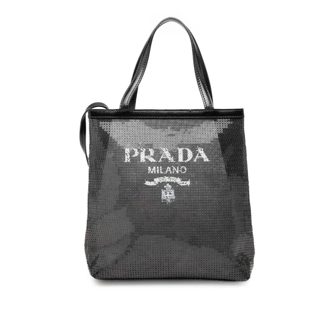 Black Prada Small Sequined Mesh Logo Open Tote in Black Leather from Designer Revival