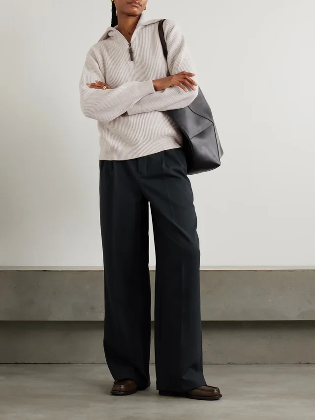 BRUNELLO CUCINELLI Bead-embellished ribbed cashmere half-zip sweater in Beige, photo 2 of 2 from NET-A-PORTER (Canada)