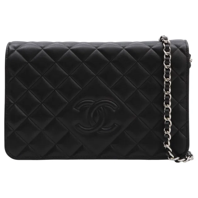 Chanel Circa 2015 Matelassé Stitch CC Mark Embossed Chain Wallet Black in Black Lambskin from VINTAGE QOO TOKYO
