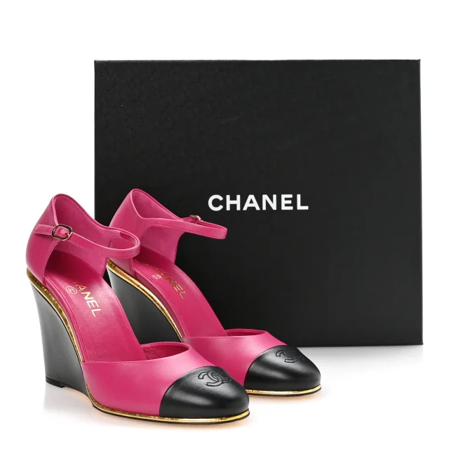 Chanel Cap Toe Open Wedge Pumps 40 Fuchsia Black in Black Lambskin from FASHIONPHILE, photo 9 of 9