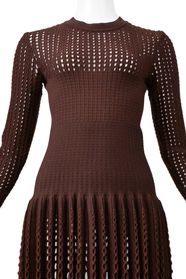 Alaïa Brown Laser Cut Fancy Knit Dress in Brown Wool from Resurrection Vintage, photo 3 of 12