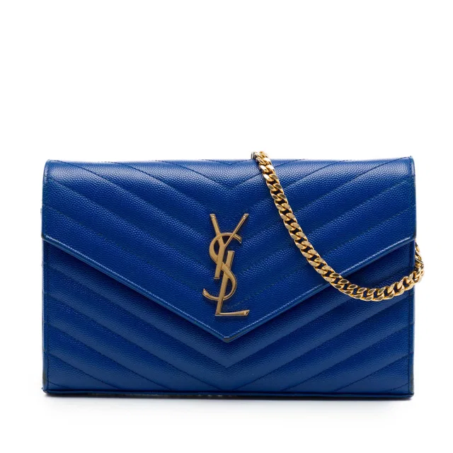 Blue Saint Laurent Grain De Poudre Chevron Monogram Envelope Chain Wallet Crossbody Bag in Blue Leather from Designer Revival