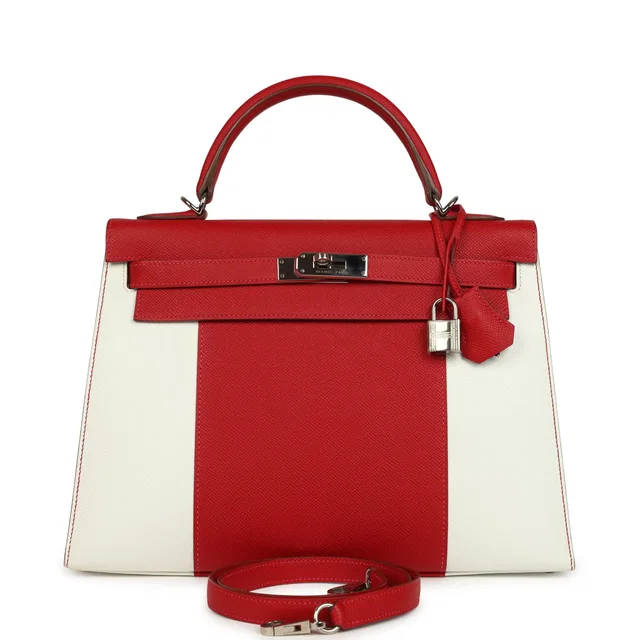 Hermès Flag Kelly Sellier 32 Rouge Casaque, White Epsom Palladium Hardware in White Epsom leather from Madison Avenue Couture