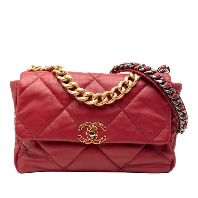 Red Chanel Large Lambskin 19 Flap Satchel in Red Lambskin from Designer Revival