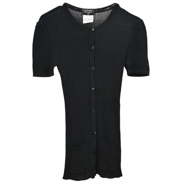 Chanel 1997 Short Sleeve Ribbed Cardigan Black #38 in Black from AMORE Vintage Tokyo