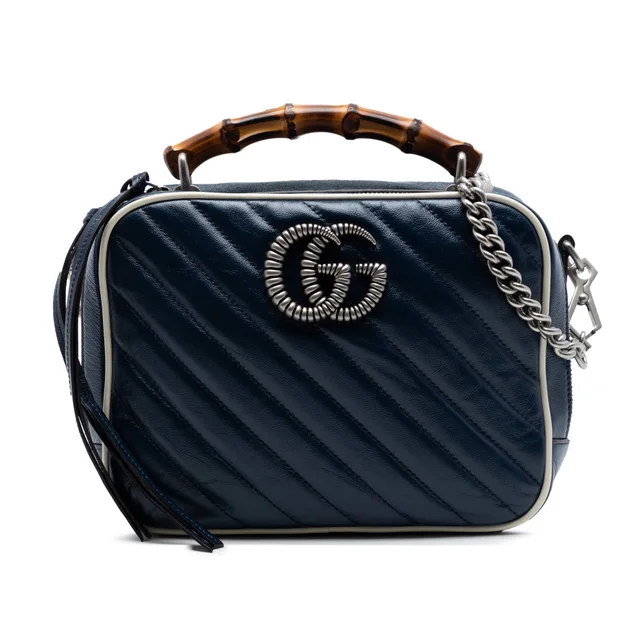 Blue Gucci Small GG Marmont Matelasse Diagonal Leather Torchon Bamboo Satchel in Blue Leather from Designer Revival
