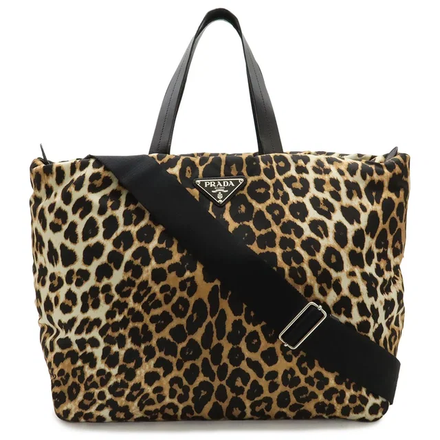 Prada Leopard Print Tote Big 2-Way Shoulder Bag Crossbody Nylon Leather Black in Black Nylon from The Reluxe