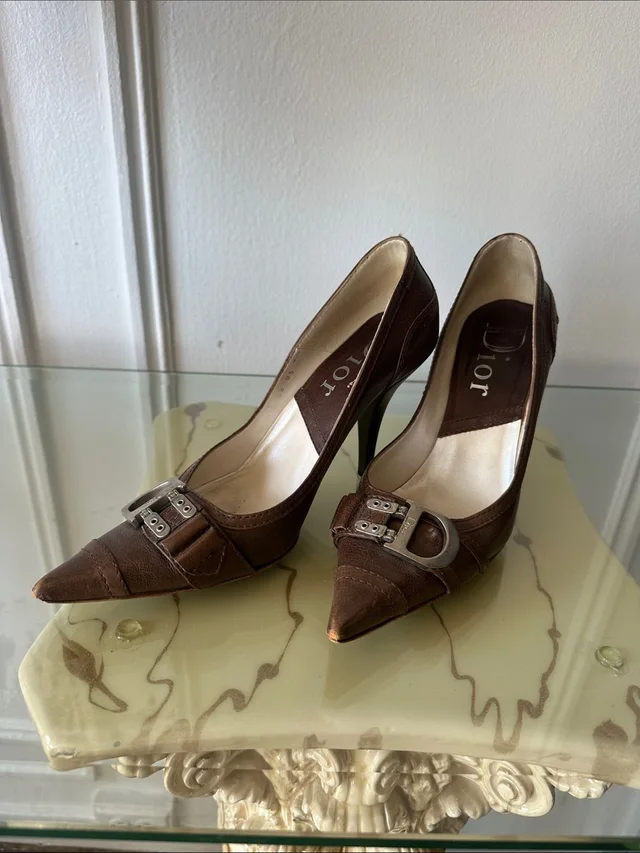 Dior Chocolate Brown Pointed-Toe Buckle Heels in brown|red Leather from Poshmark