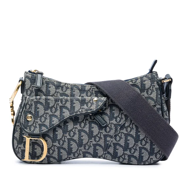 Blue Dior Diorissimo Trotter Canvas Double Saddle Crossbody in Blue Canvas from Designer Revival