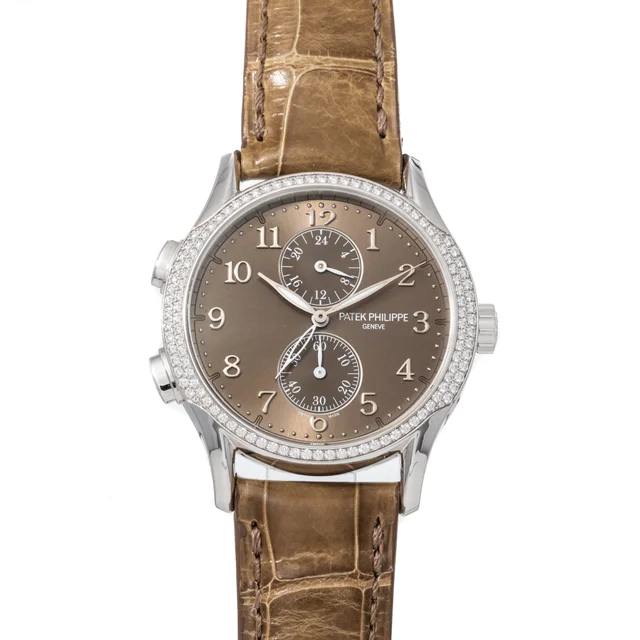 Patek Philippe Calatrava Travel Time Ladies in silver|gray Crocodile from WatchesOfSwitzerland