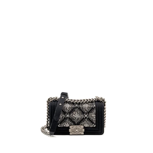 Chanel small boy bag Jersey strass crystal wool felt black ruthenium SHW in Black Wool from EMIER
