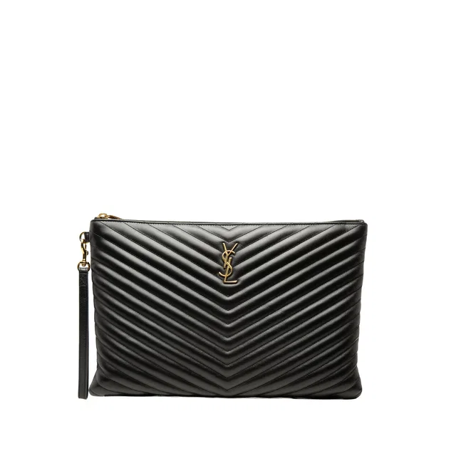 Black Saint Laurent Chevron Calfskin Cassandre Document Holder Clutch Bag in Black Calfskin from Designer Revival