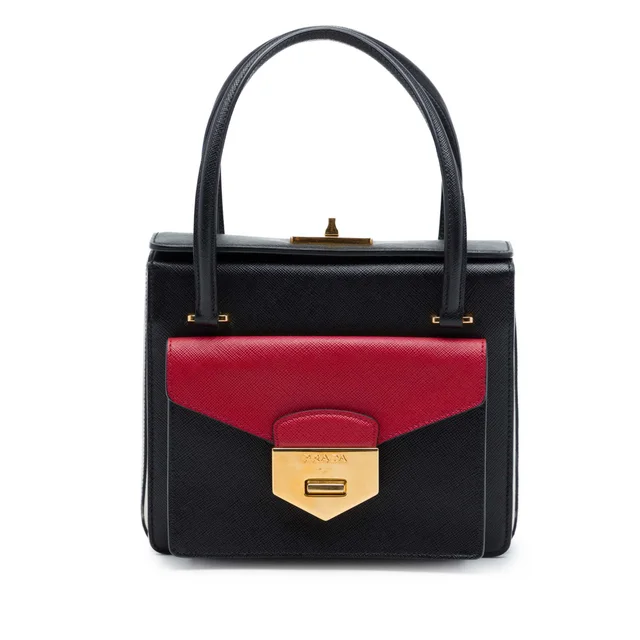 Black Prada Bicolor Saffiano Double Turn Lock Top Handle Bag Handbag in Black Saffiano leather from Designer Revival