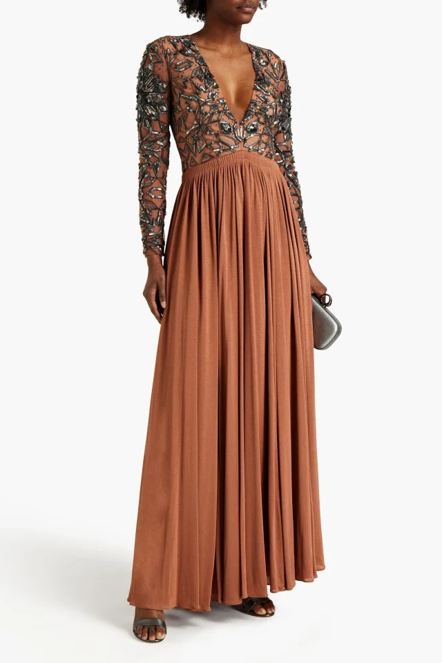 Roberto Cavalli Embellished Tulle-Paneled Pleated Knitted Maxi Dress in Brown, photo 2 of 4 from THE OUTNET