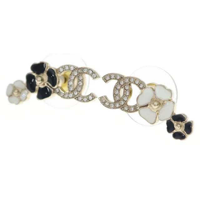Chanel CC Logo Camellia Earrings Metal Gold Black White Rhinestone in Black from The Reluxe