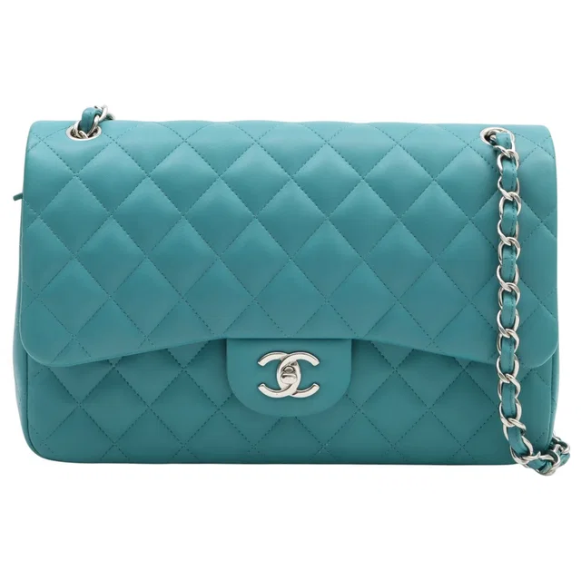 Chanel Circa 2014 Classic Flap Chain Bag 30cm Turquoise Blue in Blue Lambskin from VINTAGE QOO TOKYO