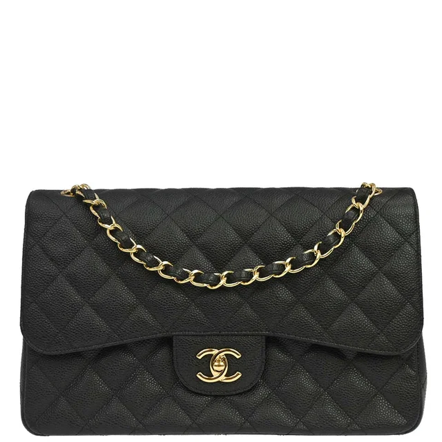 Chanel 2012 Black Caviar Skin Jumbo Classic Double Flap Shoulder Bag in Black Caviar leather from AMORE Vintage Tokyo