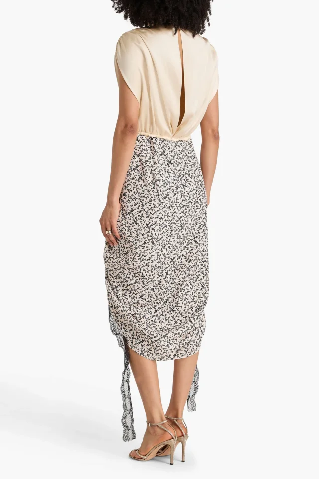 Commission Cavalier Floral-Print Satin-Paneled Crepe Midi Dress in Off White, photo 3 of 4 from THE OUTNET