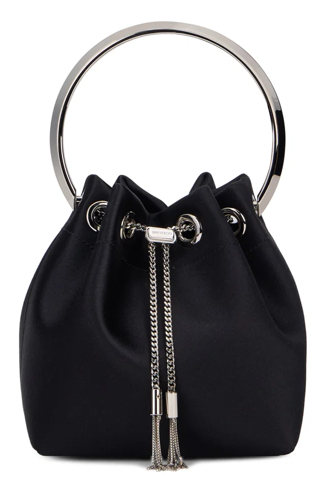 Jimmy Choo Bon Bucket Bag — Black Viscose in Black Satin from HEWI
