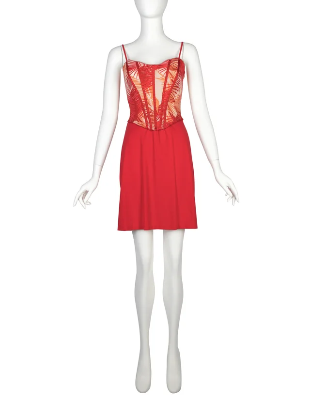 Versace Vintage Red and Orange Tropical Palm Print Bustier Mini Dress in Red Nylon from Amarcord Vintage Fashion