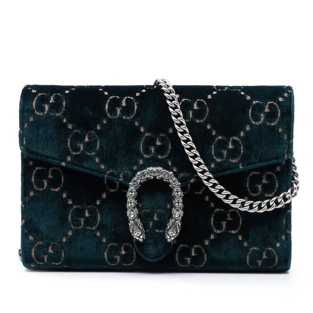 Blue Gucci GG Velvet Dionysus Wallet on Chain Crossbody Bag in Blue Velvet from Designer Revival