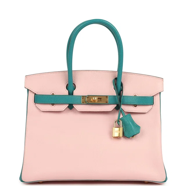 Hermès Special Order (HSS) Birkin 30 Rose Sakura, Bleu Paon Chevre Mysore Gold Hardware in Blue Goatskin from Madison Avenue Couture