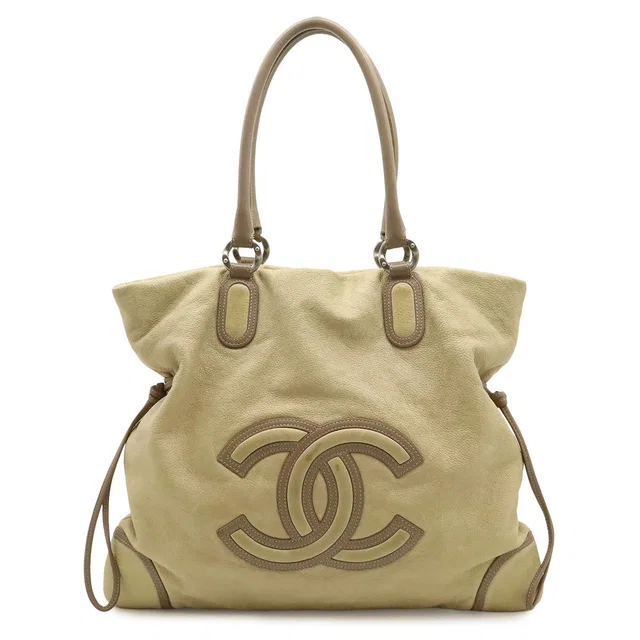 Chanel CC Logo Jumbo CC Tote Shoulder Bag Leather Beige Greige in Taupe Leather from The Reluxe