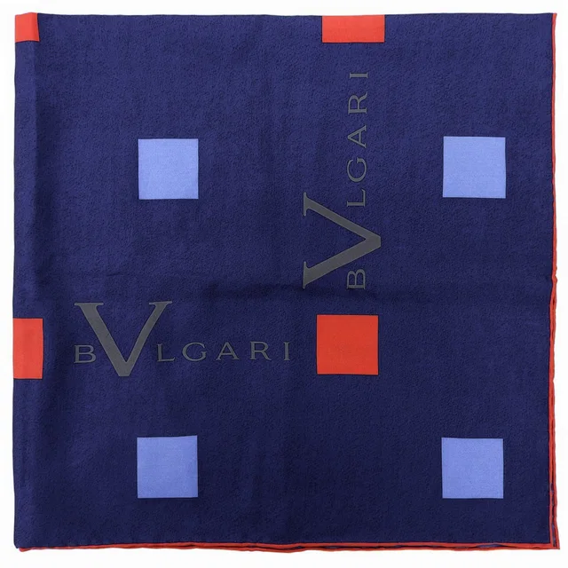 Bvlgari Logo Square Pattern Scarf Navy/Red in Red Silk from VINTAGE QOO TOKYO